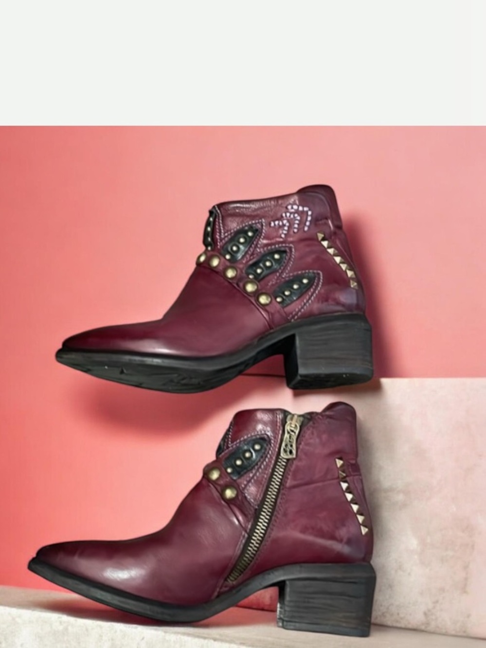 A.S. 98 Italian Made Cow Studs Pointed Heel Burgundy Ankle Boot  Size 36